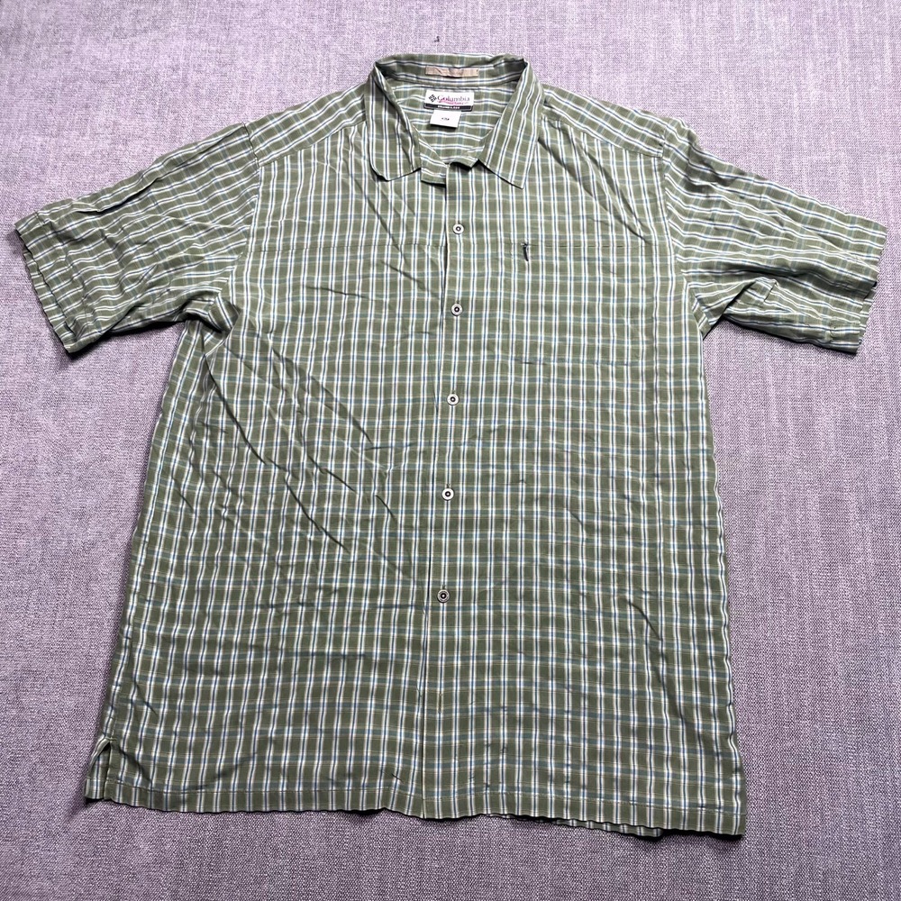 Columbia Short Sleeve Shirt Men XLT Green Multi Plaid Collared Pleated Button Up